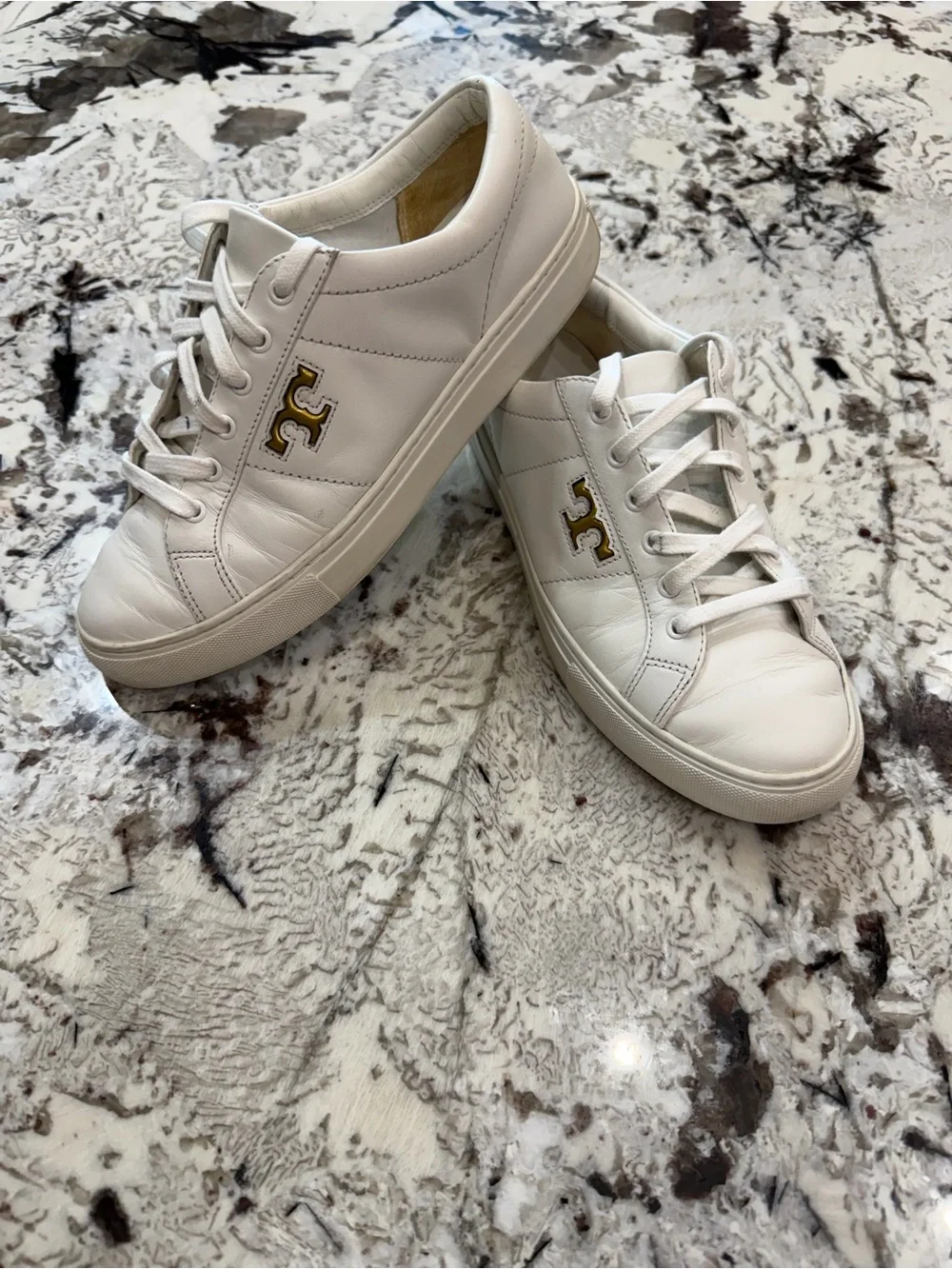 Tory Burch White Leather Low-Top Sneakers with Gold Logo